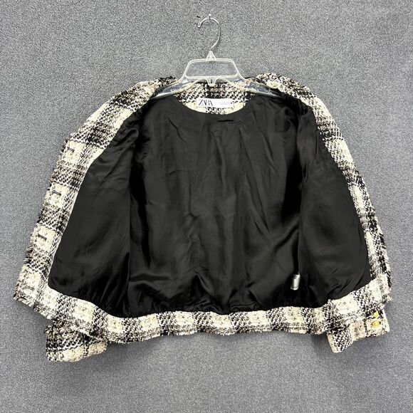 Zara Blazer Cropped Women Medium black beige Plaid Tweed Jacket Blogger Favorite - Picture 3 of 16